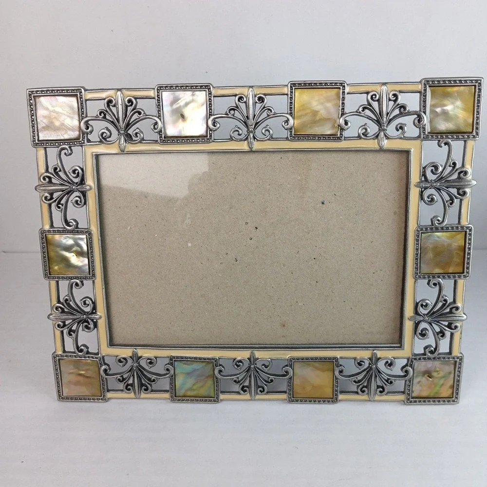 Vintage Picture 4 x 6 Mother of Pearl Enamel and Metal Picture Frame